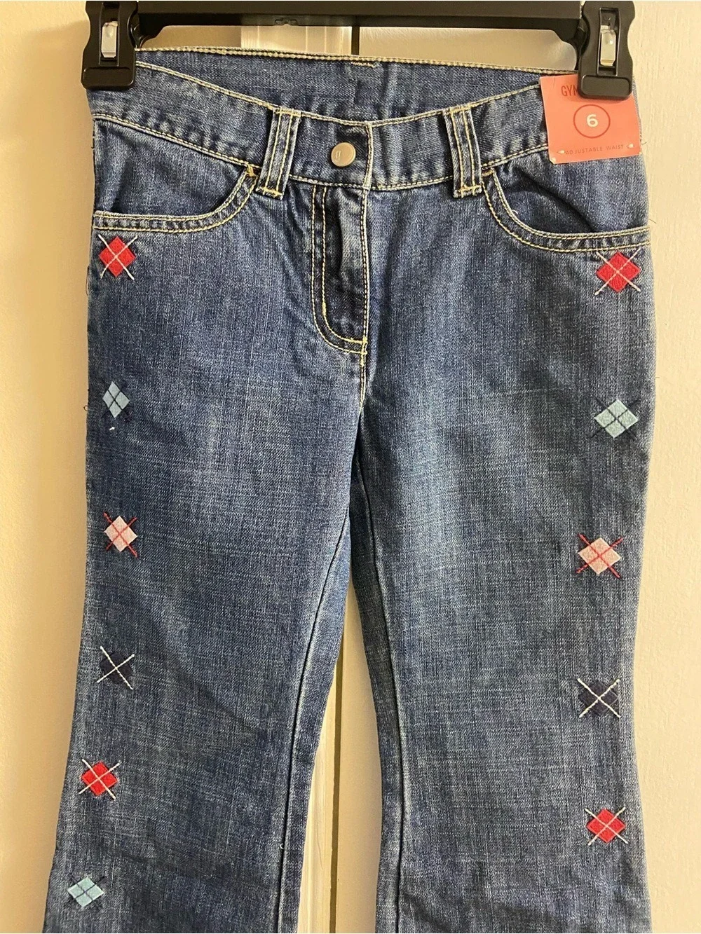 Gymboree Dark Blue Flare Jeans with Red & Light Blue Embroidery Sz 6 NWT
